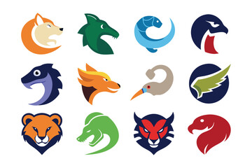 Vector art of collection of colorful animal logo designs isolated on white background