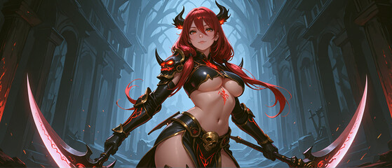 両手に鎌を持ち、鎧を身に着けた美しい少女　A beautiful girl wearing armor and holding a scythe in each hand
