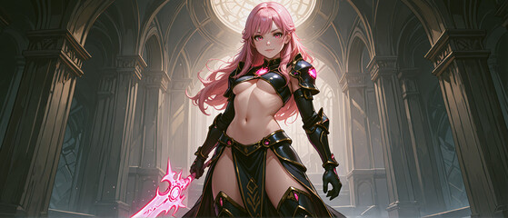 光り輝くピンクの剣を持ったアーマーを着た美少女　A beautiful girl in armor holding a shiny pink sword
