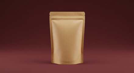 Blank golden stand-up pouch packaging mockup on a dark red background useful for mockup