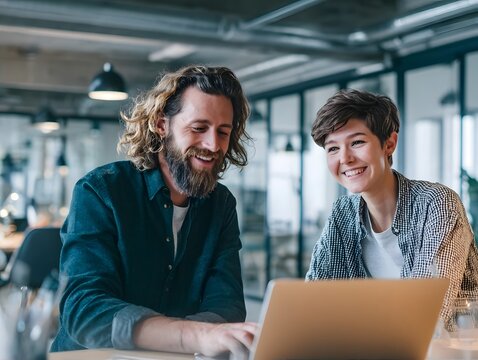 Curly-haired man in a green shirt and a smiling woman in a gray cardigan are working together on a laptop in a well-lit office.