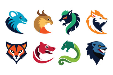 Vector art of a collection of abstract animal mascot logos on a white background