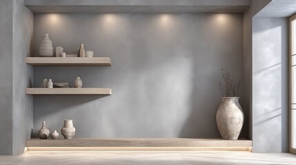 Minimalist interior design with light-gray walls, wooden shelves, and decorative pottery