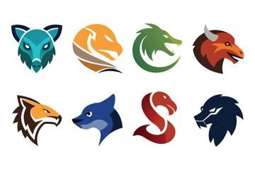 Vector art of collection of fierce animal mascot heads isolated on white background for logo design