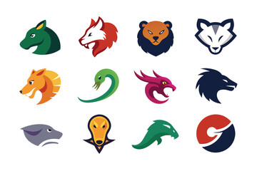Vector art of collection of animal head logos isolated on white background for branding and design