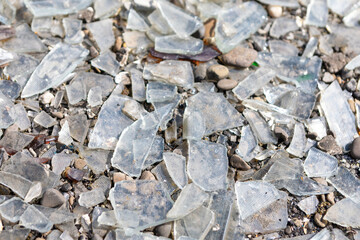 Scattered shards of clear glass, mixed with small stones and dirt, cover the ground. Broken glass fragments litter the earth, a testament to shattered things