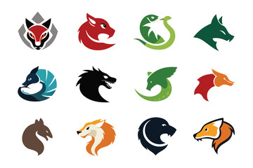 Vector art of a set of animal head logos showcases a variety of stylized and modern designs