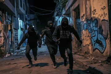 Young men wearing hoodie and mask running