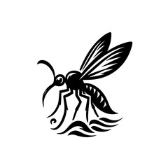 A black silhouette of a mosquito hovering over water