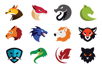 Vector art of collection of colorful animal head logos isolated on white background for branding