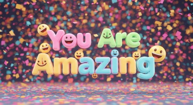 Colorful 3D render of the text "You Are Amazing" with smiley face accents, set against a vibrant confetti background.