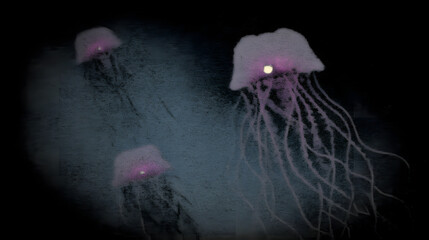 Three glowing jellyfish float in a dark, textured ocean background. The jellyfish have pink and white bodies, with trailing tentacles, and a single bright light.