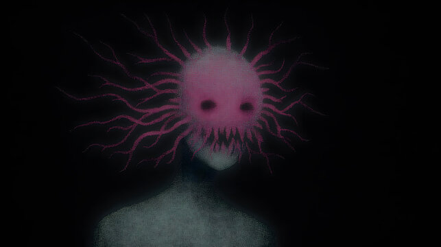 A figure with a textured, pink, sun-like head and jagged teeth emerges from darkness. The humanoid form has a simple shape. - Powered by Adobe