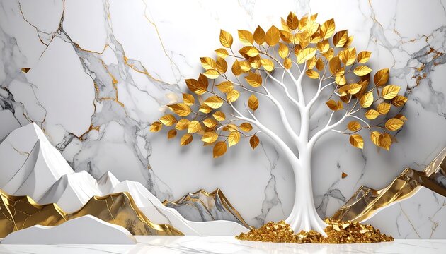White tree with gold leaves against marble and geometric mountains