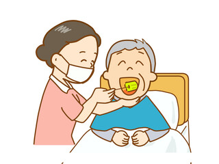 介護、口腔内を清潔に保つ、口の中をきれいにしてもらい喜ぶ高齢者