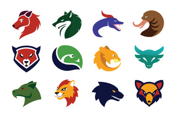 Vector art of a set of animal head logos presents a bold and colorful collection of designs
