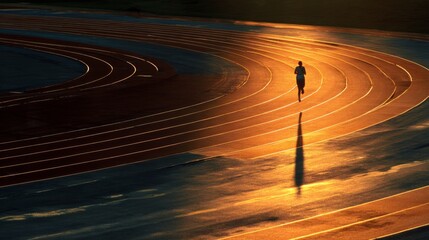 there's a person running on an illuminated track at night, with the long shadows cast by the lampposts on the wet pavement
