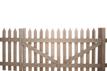 Fototapeta premium Wooden Picket Fence Gate with Pointed Posts Natural Wood Grain and Diagonal Braces on transparent background