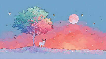 A white deer stands on a hill, beneath a color-shifting tree and a pink, full moon. Stars dot the sky, a sunset sky glows.