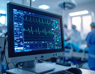 Naklejka premium ECG Heart Monitor in Dark Intensive Care Unit