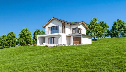 Modern farmhouse on meadow hill for real estate concept, 3d rendering