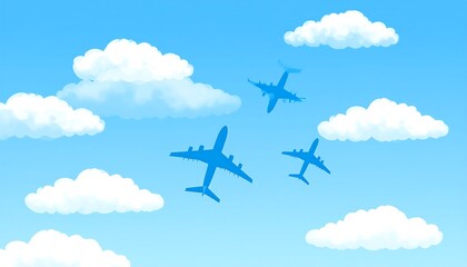 Silhouettes of planes in a clear blue sky with puffy white clouds