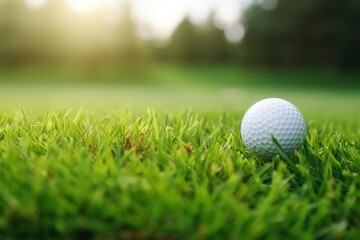 Obraz premium White golf ball is lying on the green grass of a golf course on a sunny day, ready to be played