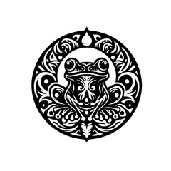 Ornate frog illustration with tribal patterns in a circular design