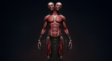 Fototapeta premium A muscular figure with two heads, the anatomy detailed. It stands facing the viewer with dark attire and gold cross embellishments. A dark background.
