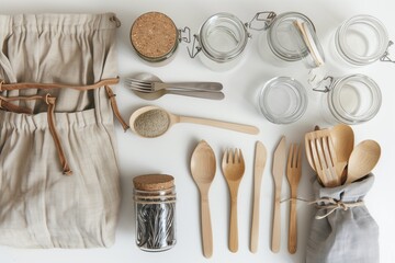Reusable items flat lay, bamboo cutlery, cloth bag, glass jars, kraft packaging on white background, zero waste lifestyle.