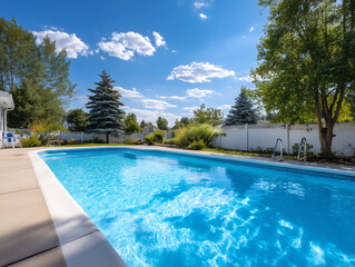 Serene backyard swimming pool with clear blue water surrounded by lush green trees and a white fence under a bright sunny sky