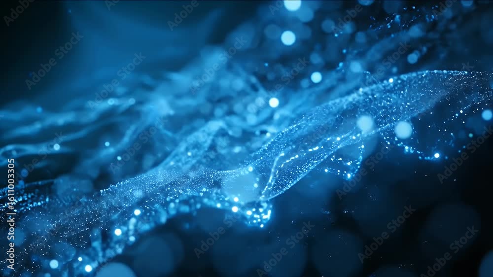 Poster blue abstract particles flowing with depth of field and bokeh background