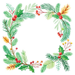 Christmas wreath vector illustration with holly berries, pine branches, and evergreen decoration for holiday celebration card design