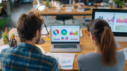 Team analyzes charts on laptops in office. Back view of man and woman studying data. For web, marketing, and editorial use.