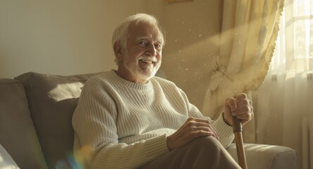 Smiling older man sitting with cane in warm, sunlit living room