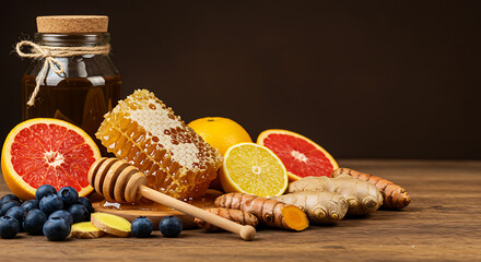 Honeycomb with Citrus Fruits, Ginger, and Turmeric on Wooden Table
