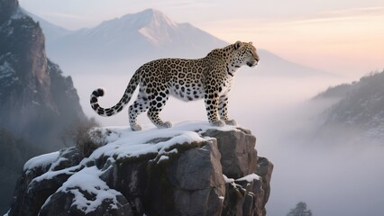 A majestic leopard perched atop a snowy rock, overlooking a misty mountain landscape at dawn.