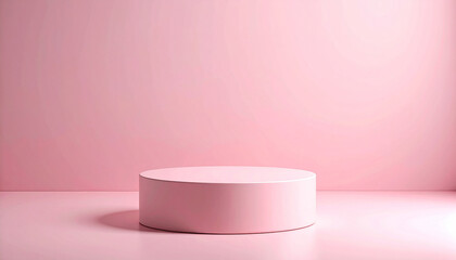 Empty space with a pedestal for exhibition against a pink isolated background.