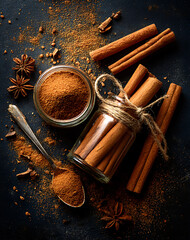 Cinnamon Sticks and Powder on Dark Background