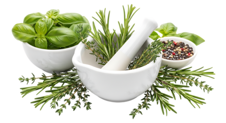Herbs and Spices in Mortar isolated on a transparent background