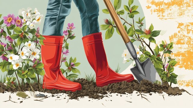 Close-up of person gardening in red boots with shovel and blooming flowers — springtime illustration - Powered by Adobe