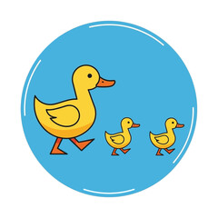 Fototapeta premium Illustration of a yellow duck followed by two ducklings on a blue circle.