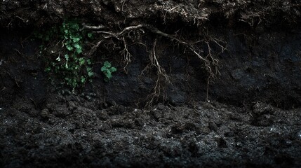 Fototapeta premium Close-up view of dark soil layers with plant roots and small green sprouts