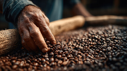 Artisanal coffee selection concept showing a hand inspecting roasted beans outdoors, highlighting craftsmanship, quality production, sustainability, and the natural environment during harvest season