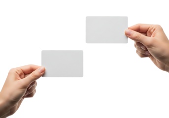 Hands holding blank white cards isolated on a transparent background