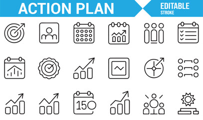 Various Action Plan Icons Representing Scheduling, Goals, and Growth