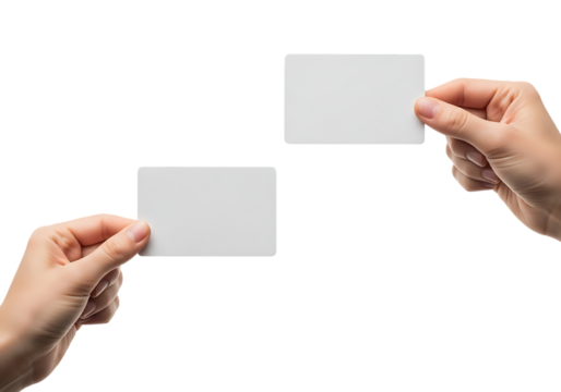 Hands holding blank white cards isolated on a transparent background - Powered by Adobe