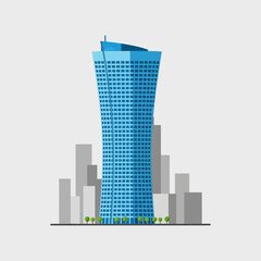 Fototapeta premium Blue skyscraper building with gray buildings on a white background.