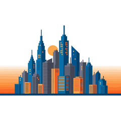 Naklejka premium Cityscape illustration with skyscrapers and sun against a gradient background.