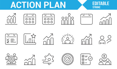 Action Plan Icons Set Featuring Calendar, Graphs, and Progress Symbols